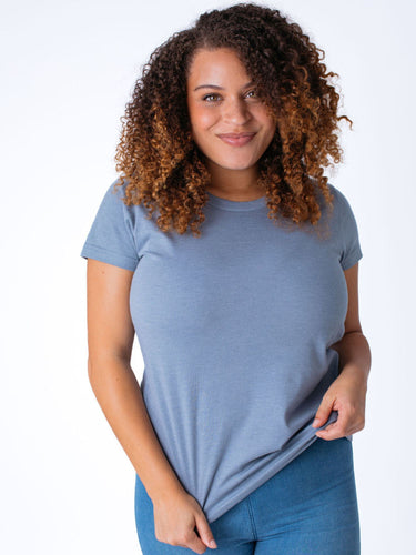 Micah is 5'9, size 10 and wears a size L # Women's Wedgewood Crew Tees | Fresh Clean Threads