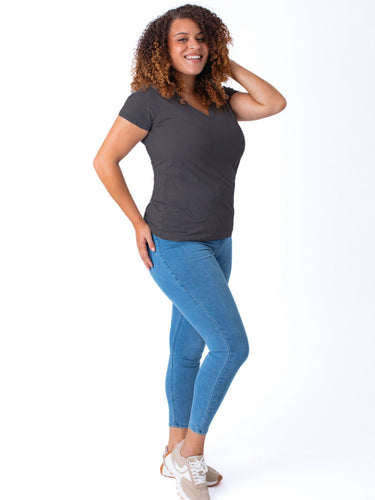 Micah is 5'9, size 10 and wears a size L # Women's V-Neck Shirts | Vintage Black | Fresh Clean Threads