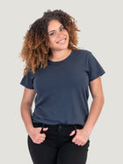 Micah is 5'9, size 10 and wears a size L # Women's Odyssey Blue Crew Tee (New Fit) | Fresh Clean Threads