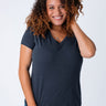 Micah is 5'9, size 10 and wears a size L # Women's Indigo Blue V-Neck Tee | Fresh Clean Threads