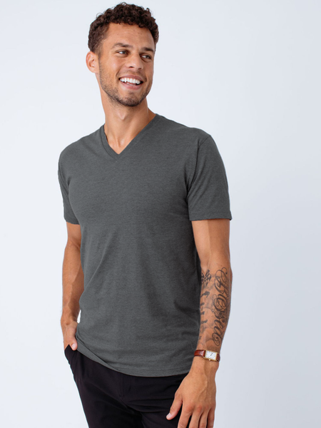 Christian is 6'5 and wears size Large tall # Carbon Grey V-Neck T-Shirt | Model Wears Tall Large | Fresh Clean Threads