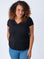 Micah is 5'9, size 10 and wears a size L # Women's V-Necks in Black | Fresh Clean Threads