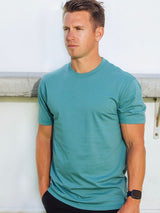 Brad is 5'9", 170LBS and wears a size M # Vintage Blue Crew Neck Tee | Lifestyle Model Size M | Fresh Clean Threads