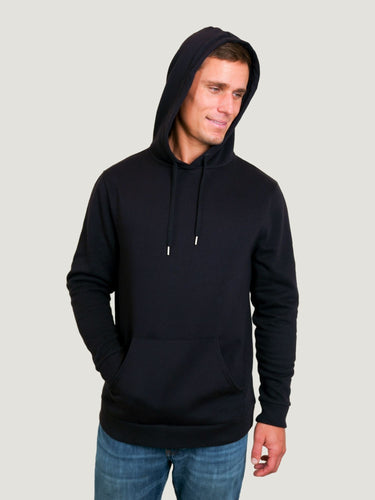 luke is 6'1, 185lbs and wears size l # Black Warm Up 2-Pack Black Pullover Hoodie Size Medium | Fresh Clean Threads