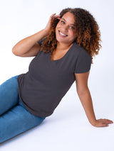 Micah is 5'9, size 10 and wears a size L # Women's V-Neck Tee | Vintage Black | Fresh Clean Threads