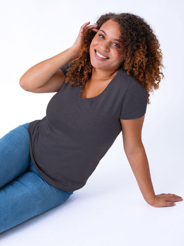 Micah is 5'9, size 10 and wears a size L # Women's V-Neck Tee | Vintage Black | Fresh Clean Threads