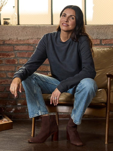 Cristina is 5'8" and wears a size XS # Vault Collection Sweatshirt | Fresh Clean Threads