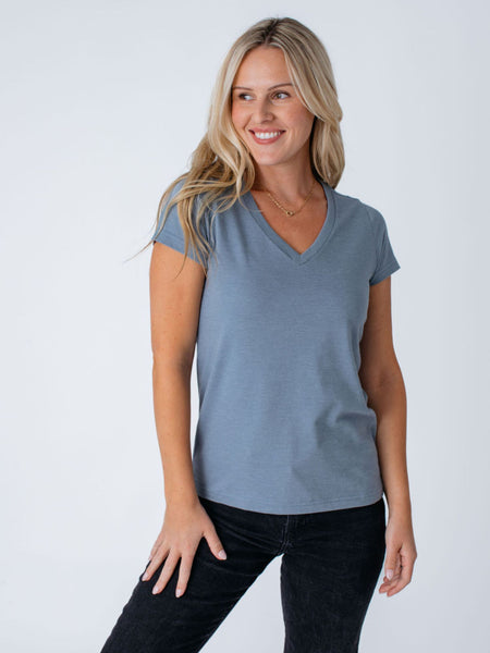 Maddy is 5'8", size 4 and wears a size S # Women's Best Sellers V-Neck 5-Packs | Fresh Clean Threads