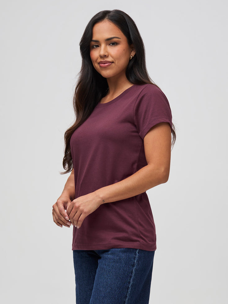 Model Nathalie in the Women's Merlot Crew Neck Tee | Fresh Clean Threads
