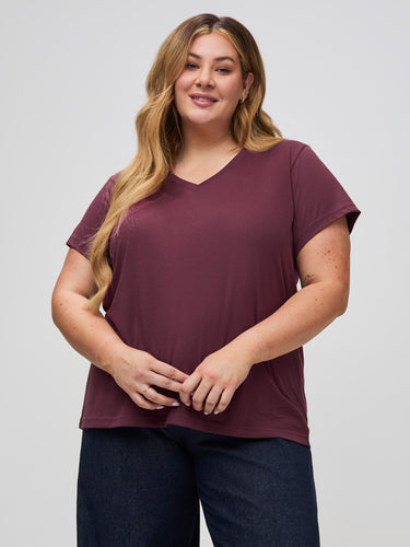 stay comfortable in StratuSoft tees # Merlot V-Neck paired with Dark Denim | Women's Collection | Fresh Clean Threads