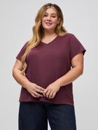 stay comfortable in StratuSoft tees # Merlot V-Neck paired with Dark Denim | Women's Collection | Fresh Clean Threads