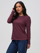 Nathalie is 5'6" and wears a size S # Women's Merlot Long Sleeve on Model Nathalie | Size Small | Fresh Clean Threads
