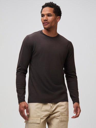 Mikah is 6'1" and wears a size medium # Espresso Long Sleeve Crew Neck | A T-Shirt Designed for You