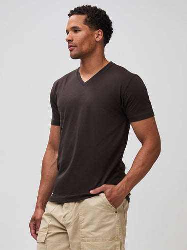 Mikah is 6'1" and wears a size medium # Espresso V-Neck | Fall 2025 at FCT