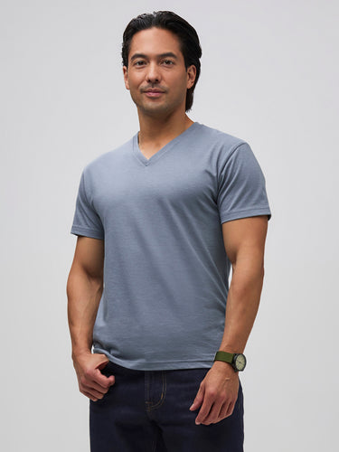 Kai is 5'8" and wears a size Medium Short  # Short Length Tees in V-Neck | Find Your Perfect Fit at Fresh Clean Threads