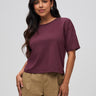 Nathalie is 5'6" and wears a size S # The Boxy Tee in Merlot | Slouchy, Slightly Cropped Fit Tee | Women's Style at Fresh Clean Threads
