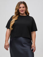 Vanessa is 5'10" and wears a size 2X # Women's Black Boxy Tee | Cropped Boxy Crew