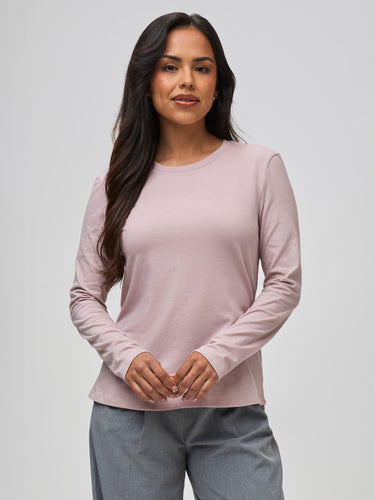 Nathalie is 5'6" and wears a size S # Women's Long Sleeve Crew Neck Shirts in Blush | New Contoured Styles at FCT