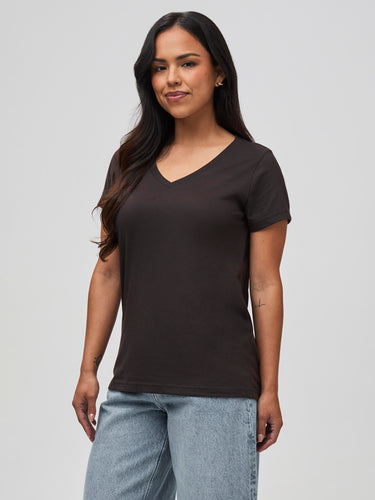 Nathalie is 5'6" and wears a size S # Women's Espresso V-Neck Tees | Fresh Clean Threads