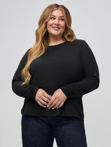 Vanessa is 5'10" and wears a size 2X # Black Long Sleeve Crew Shirts | Contoured, Perfect Fit for Women