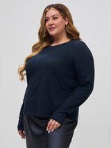 Vanessa is 5'10" and wears a size 2X # Women's Long Sleeve Crew Neck Shirts in Dark Navy | Women's Sizes XS-3X at FCT