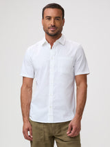 Man wearing a white short-sleeve shirt | 
Stretch cotton-poly-spandex fabric