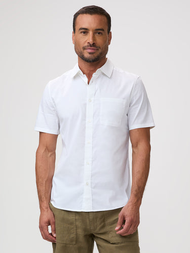 Man wearing a white short-sleeve shirt | 
Stretch cotton-poly-spandex fabric