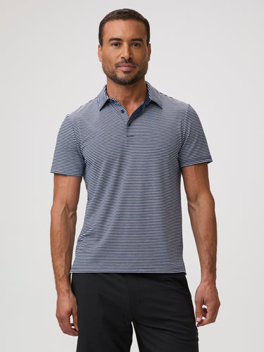Chad is 6'1" and wears a size M # Performance Polo | Navy & White Striped | FCT