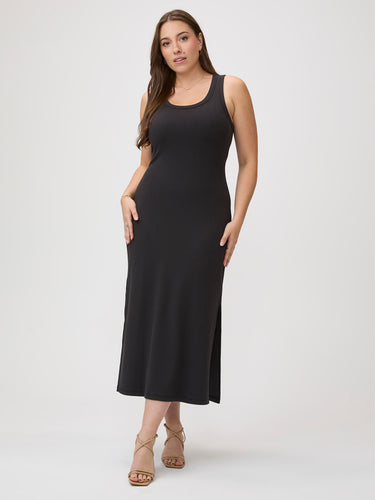 A ribbed dress for everyday # Women's ribbed tank dress in black - fitted maxi length with side slit and bra-friendly neckline