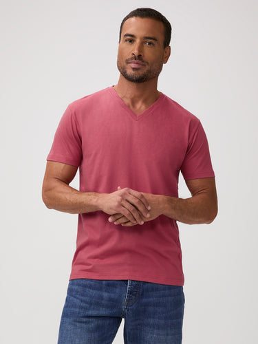 Chad is 6'1" and wears a size M # Coral V-Neck T-Shirts for Men | Breathable construction built for all-day wear