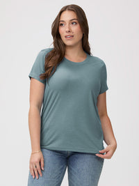 Laurel is 5'7" and wears a size M # Best Crew Neck T-Shirt for Women | Harbor Mist Green | Fresh Clean Threads