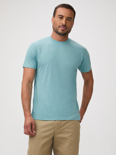 Chad is 6'1" and wears a size M # reef water crew neck shirts. No break-in, no stiffness. shirts soft from the first wear and stays that way. StratuSoft™ 60/40 blend.