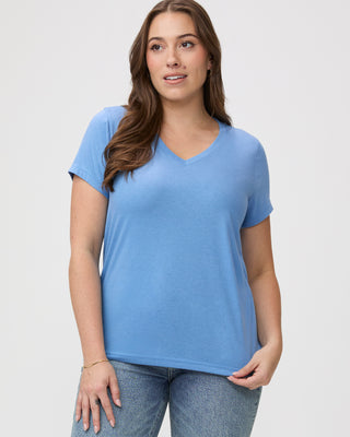 Laurel is 5'7" and wears a size M # Model Wears Size M in Denim Blue V-Neck | Style with your favorite jeans