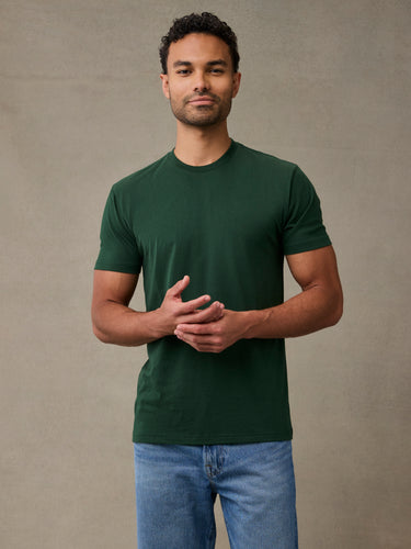 Man wearing muted moss green crew neck t-shirt, best fit