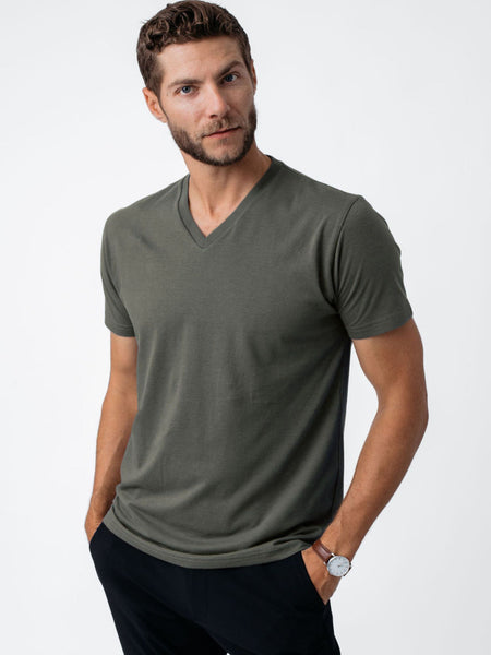 Joe is 6'2, 177LBS and wears a size L # Stone Green V-Neck Shirts | Fresh Clean Threads