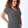 Micah is 5'9, size 10 and wears a size L # Women's Carbon Grey V-Necks | Fresh Clean Threads