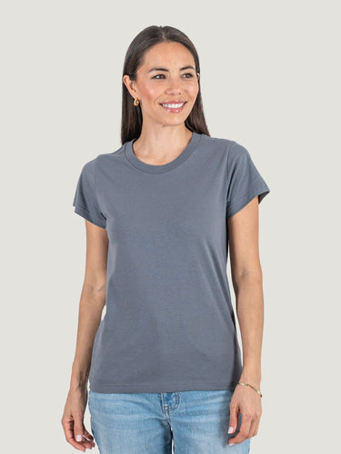 Sarah is 5'8, size 2 and wears a size XS # Women's Slate Crew Neck Tee | Sarah Studio Size X-Small Untucked | Fresh Clean Threads