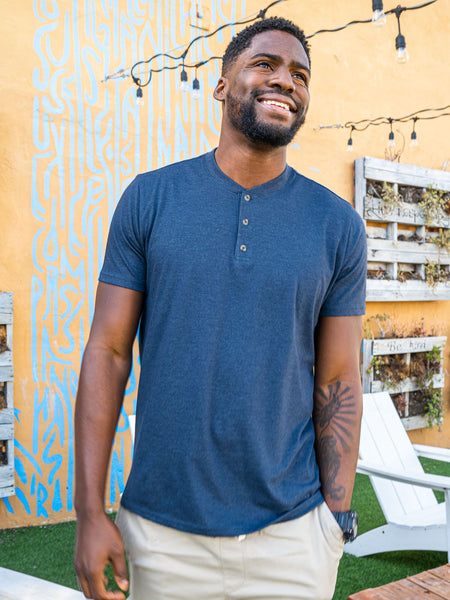 Jared is 6'3, 210lbs and wears a size L # Essentials 5-pack Navy Short Sleeve Henley Lifestyle Size Large | Fresh Clean Threads