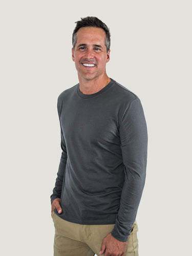Ben is 6'1, 180lbs and wears a size M # Graphite Long Sleeve Crew Neck Studio Size Medium | Fresh Clean Threads