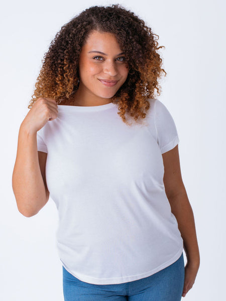 Micah is 5'9, size 10 and wears a size L # Women's White Crew Tee Basics | Fresh Clean Threads