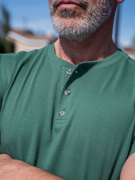 Phil is 6'1, 185lbs and wears a size M # Pine Green Short Sleeve Henley | Phil wears Size Medium | Fresh Clean Threads