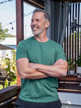 Jamie is 6'2, 200lbs and wears a size M # Pine Green Crew Neck | Jamie wears Size Medium | Fresh Clean Threads