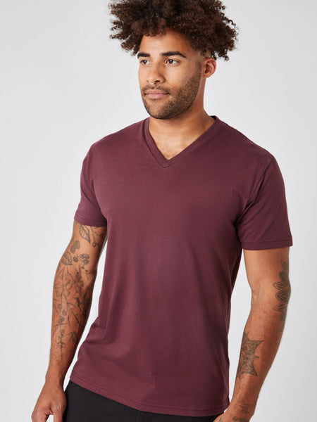 Joe is 6', 180LBS and wears a size L # Port Red V-Neck | Model Studio Image | Fresh Clean Threads