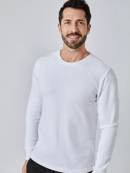 Patrick is 5'10", 163LBS and wears a size M # White Long Sleeve Thermal Crew Studio Image | Model Size Medium | Fresh Clean Threads
