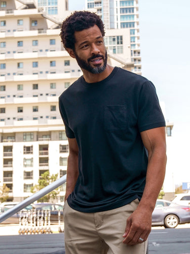 Jarrett is 6', 168lbs and wears a size M # Black Pocket Tee Crew Neck | Fresh Clean Threads
