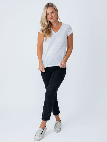 Maddy is 5'8", size 4 and wears a size S # Women's All White V-Neck Basic 3-Pack | Fresh Clean Threads