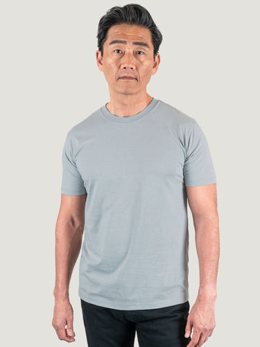 Phil is 6'1, 185lbs and wears a size M # Fog Grey Crew Neck Studio Size Medium | Fresh Clean Threads