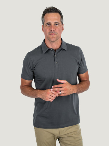 Ben is 6'1, 180lbs and wears a size M # Graphite Torrey Polo Studio Size Medium | Fresh Clean Threads