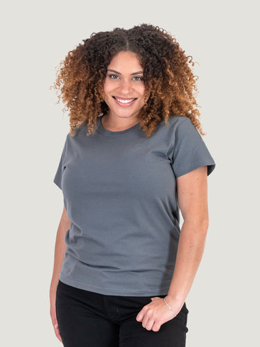 Micah is 5'9, size 10 and wears a size L # Women's Slate Crew Neck Tee | Micah Studio Size Large Untucked | Fresh Clean Threads