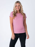 Maddy is 5'8", size 4 and wears a size S # Women's Chalk Pink Crew Tee | Fresh Clean Threads